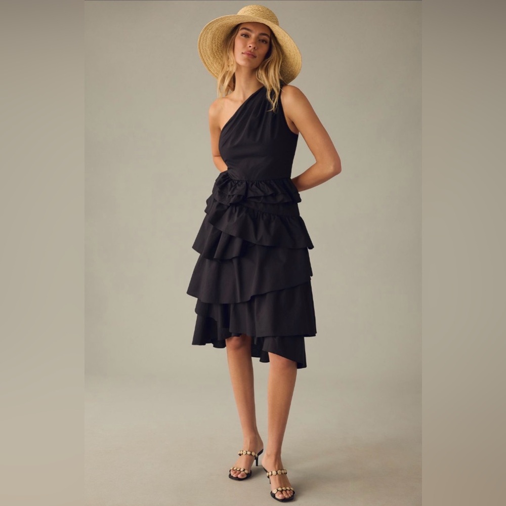 By Anthropologie One-Shoulder Tiered Midi Dress - side zip - size 4 - black - Picture 1 of 7